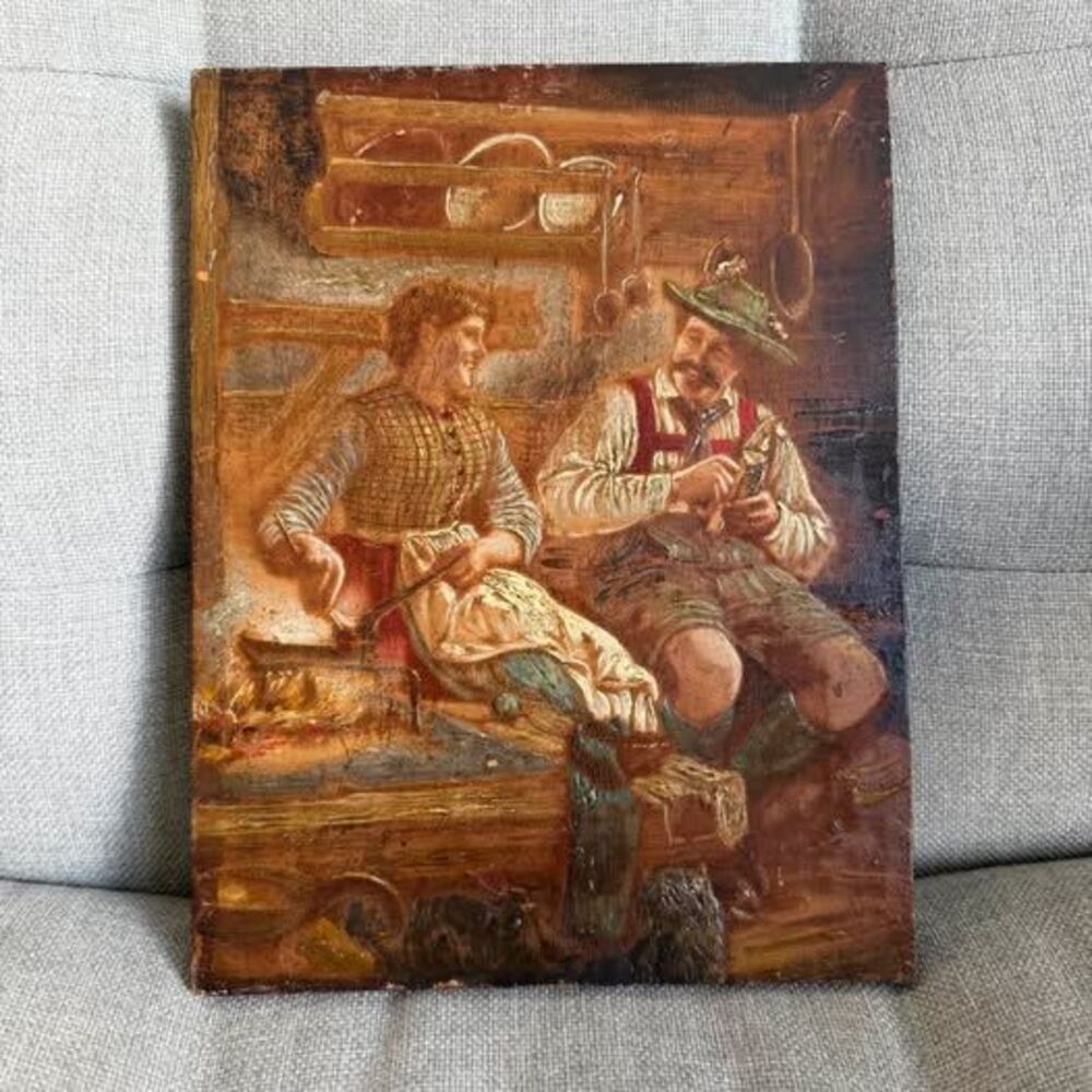 Antique 19th C. Munich School Alpine Scene – Bavarian Couple on Wood Panel